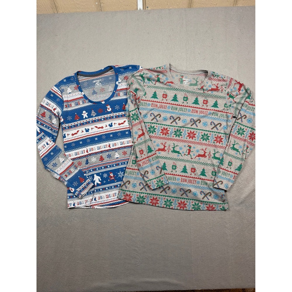 Brooks Run Merry Run Jolly Holiday Long Sleeve Running Shirts Womens Small Lot 2